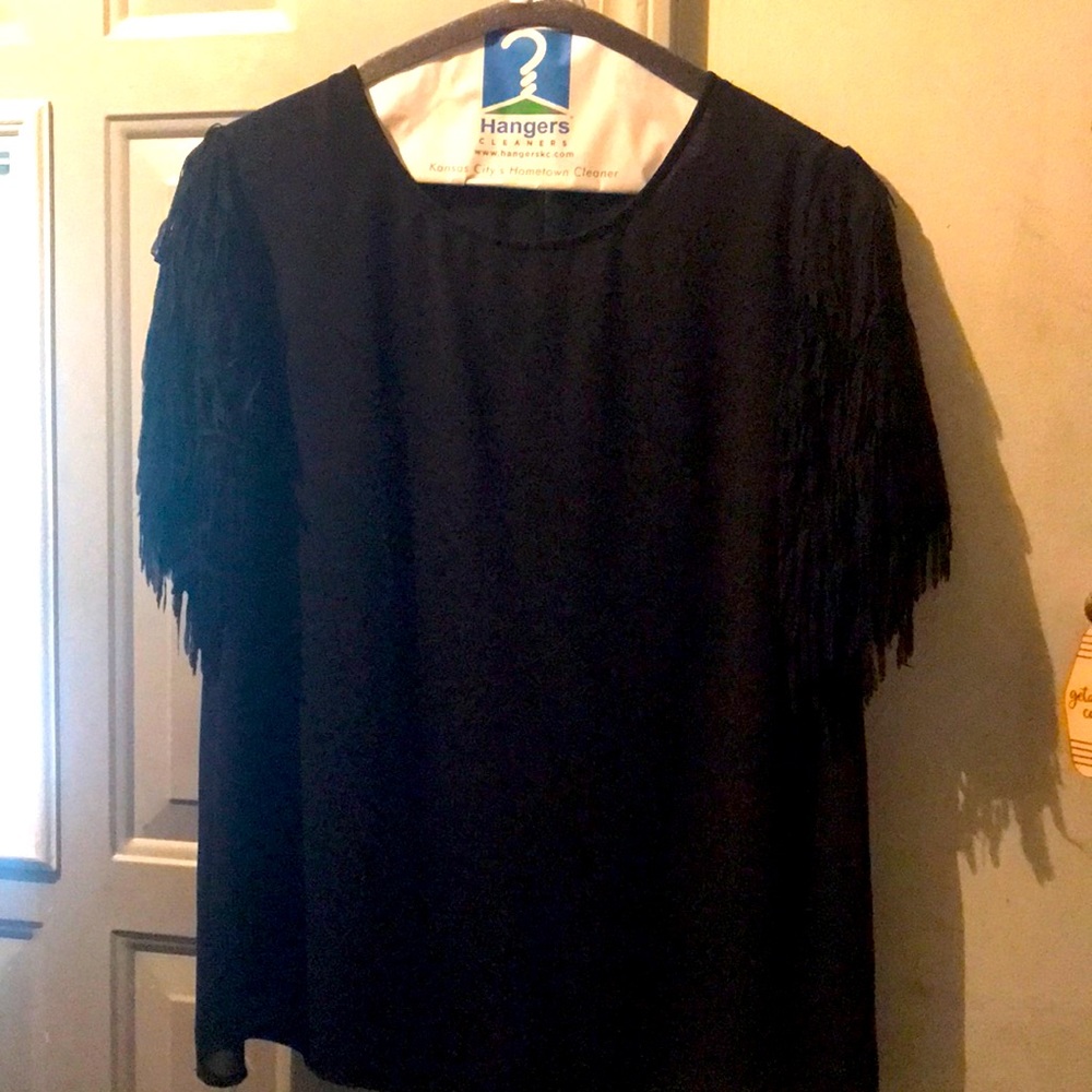 Ladies black Twill blouse with fringe sleeves